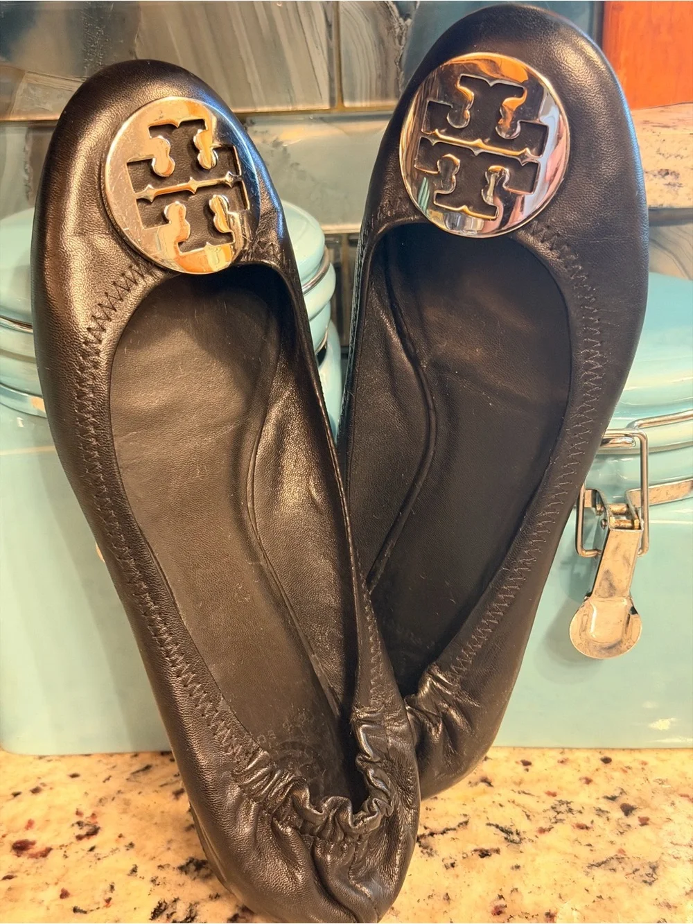 Tory Burch Black Leather Logo Round-Toe Ballet Flats